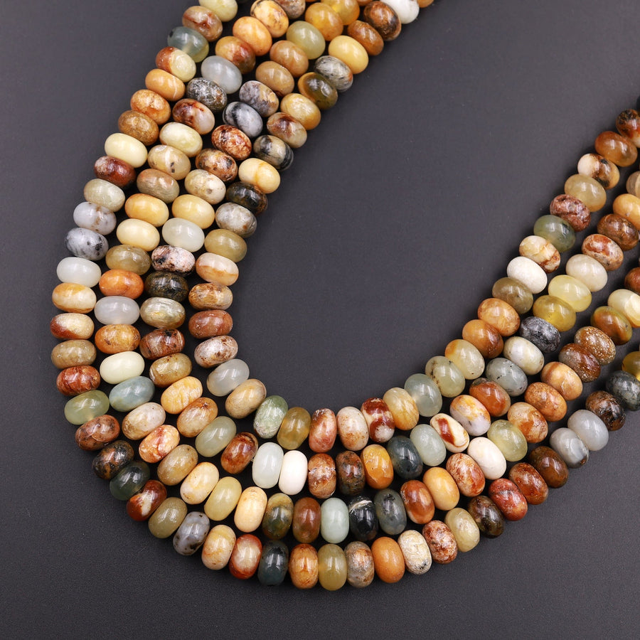 Natural Flower Jade Rondelle Beads 8mm 10mm Earthy Green Brown Yellow Jade Disc Beads Center Drilled 16" Strand