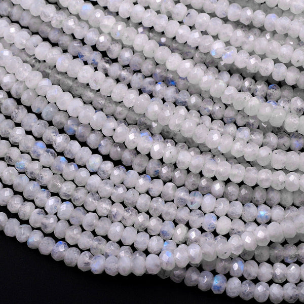 Natural Rainbow Moonstone Faceted Rondelle Beads 3mm 4mm 5mm 6mm 8mm High Quality Flashy Blue Moonstone Gemstone 15.5" Strand
