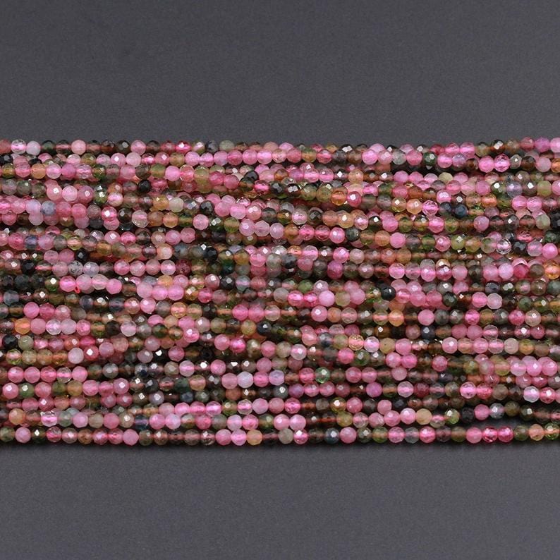 AAA Grade Micro Faceted Natural Multicolor Tourmaline 2mm 3mm Faceted Round Beads Real Genuine Pink Green Tourmaline 16" Strand