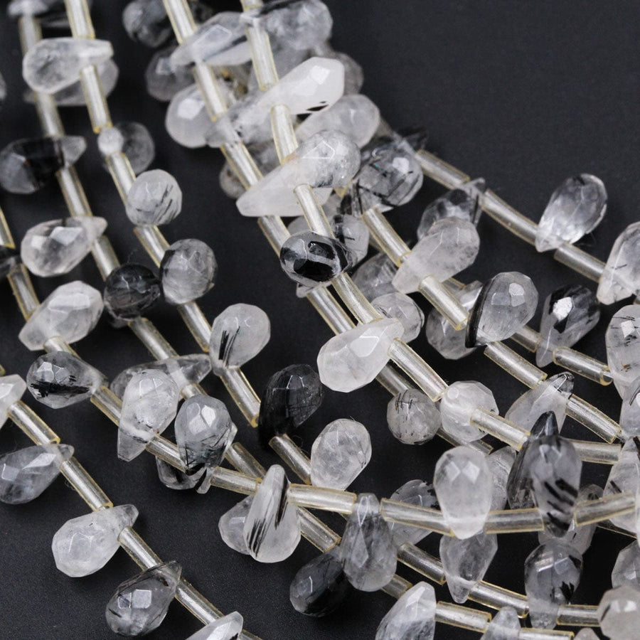 Black Tourmaline Rutilated Rutile Quartz Teardrop Beads Small Faceted 8mm x 4mm Semi Precious Gemstone 16" Strand