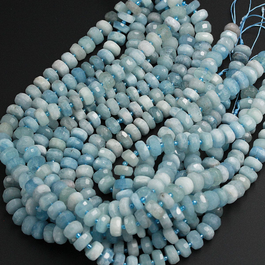 Natural Blue Aquamarine Large Faceted Wheel Rondelle Beads 16" Strand