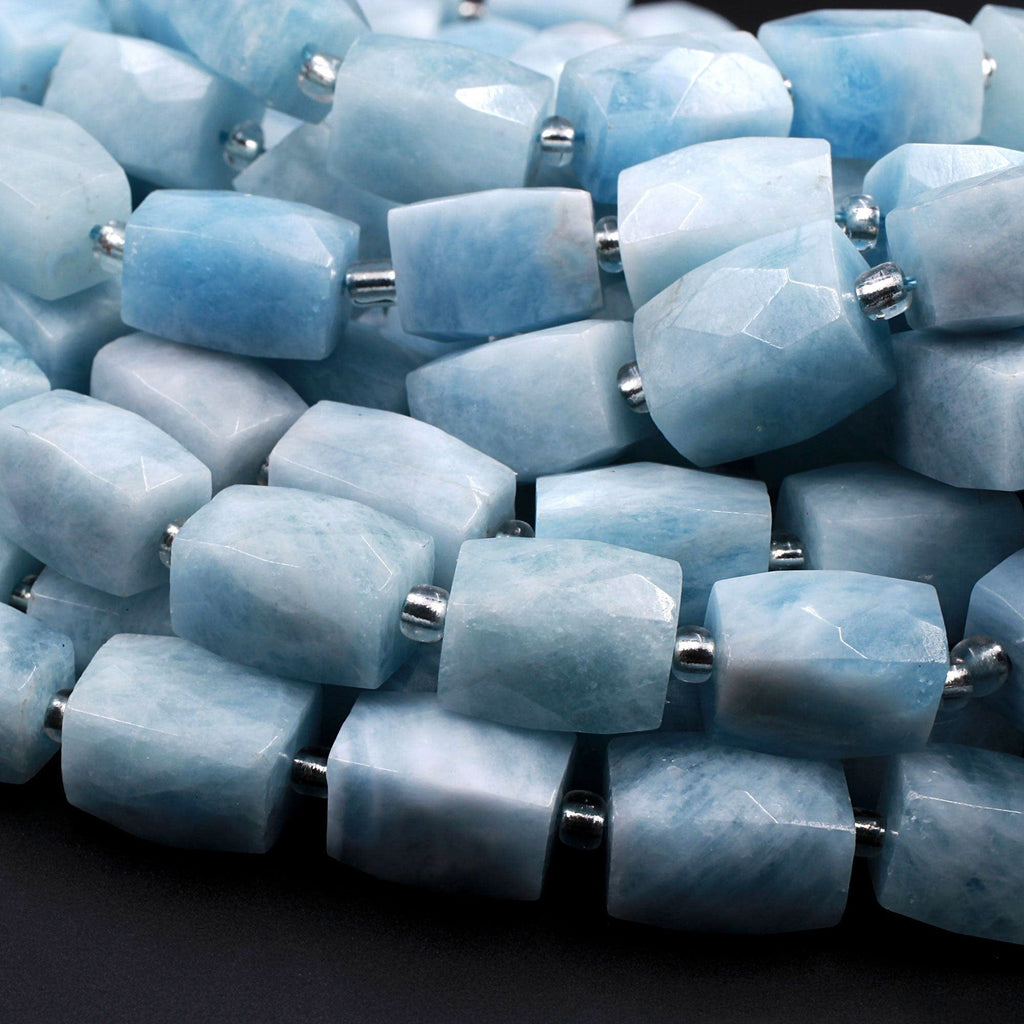 Chunky Large Natural Aquamarine Faceted Rectangle Tube Nugget Beads 16" Strand