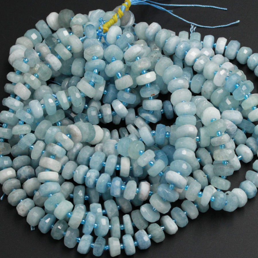 Natural Blue Aquamarine Large Faceted Wheel Rondelle Beads 16" Strand