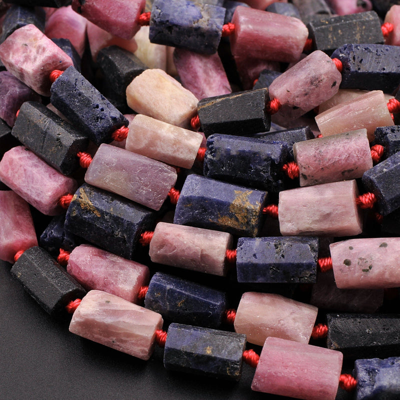 Raw Rough Natural Pink Ruby Blue Sapphire Faceted Rectangle Tube Matte Beads Genuine Red Ruby Blue Sapphire Gemstone 15.5" Strand