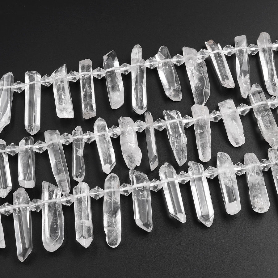 Natural Raw Rock Crystal Quartz Beads Points Spikes Top Side Drilled Freeform Clear White Quartz 15.5" Strand