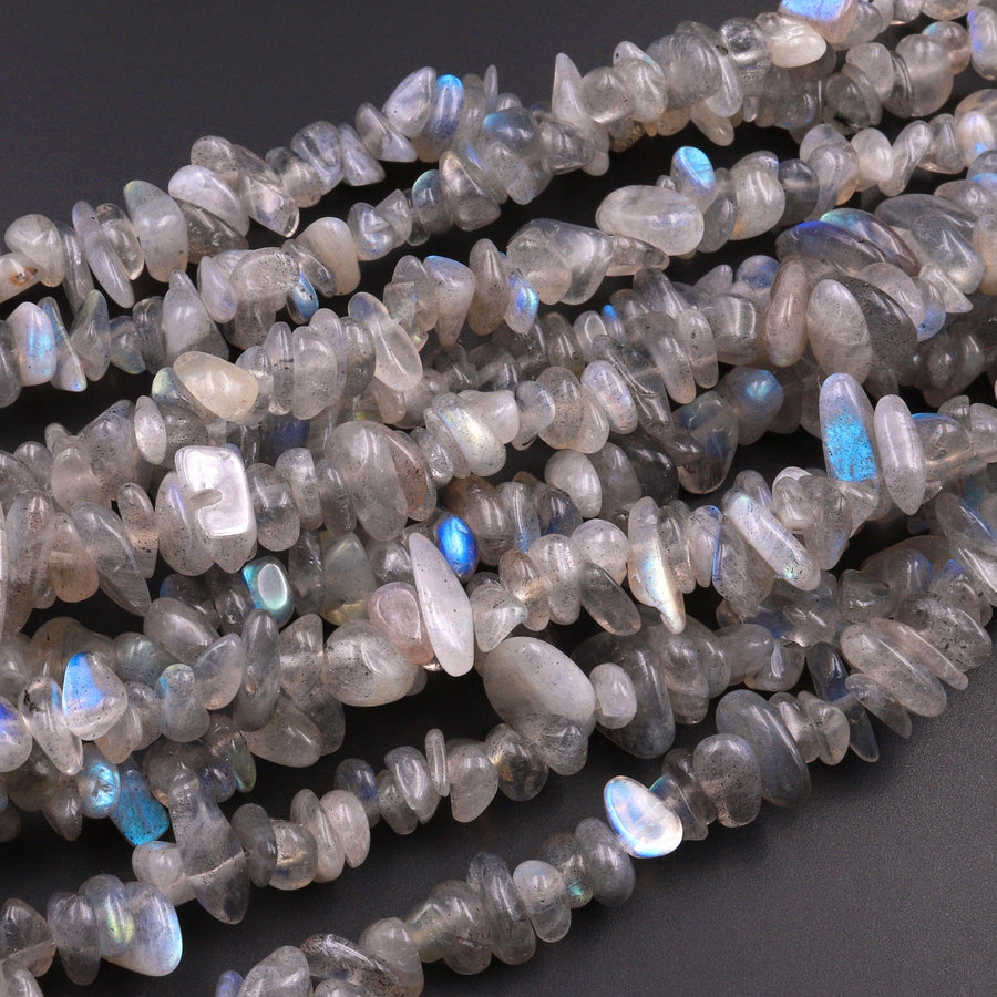 Natural Labradorite Blue Flashes Freeform Chip Pebble Nugget Beads Gemstone 15.5" Strand