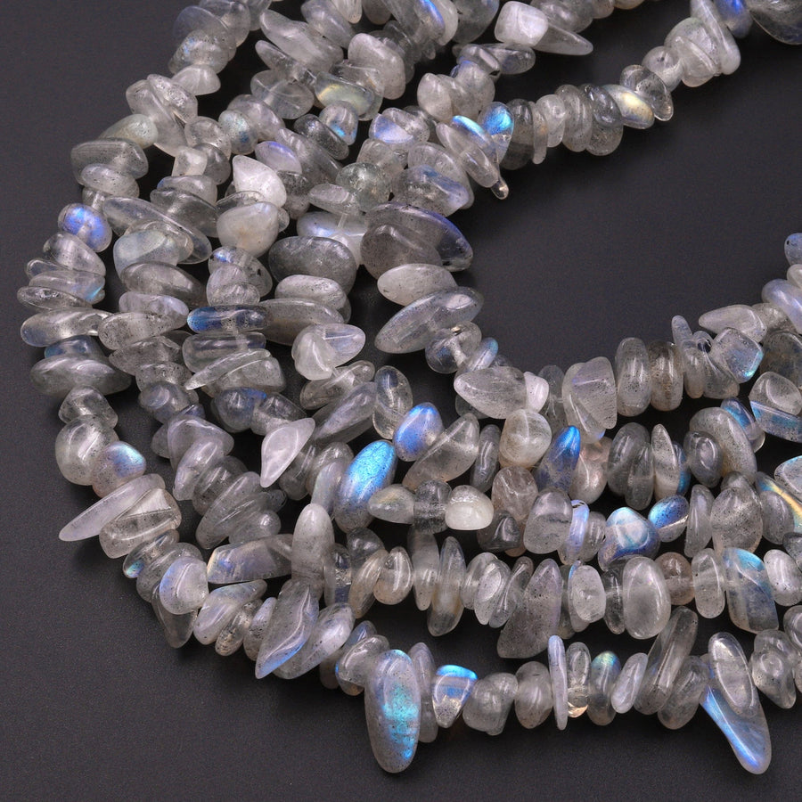 Natural Labradorite Blue Flashes Freeform Chip Pebble Nugget Beads Gemstone 15.5" Strand