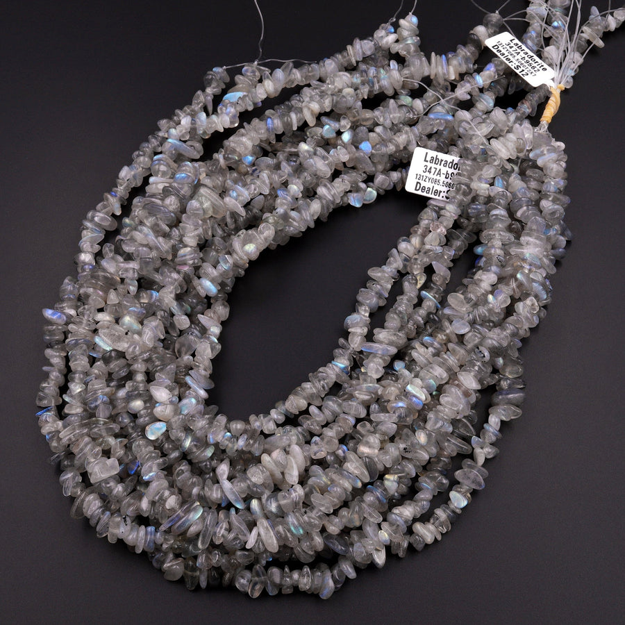 Natural Labradorite Blue Flashes Freeform Chip Pebble Nugget Beads Gemstone 15.5" Strand