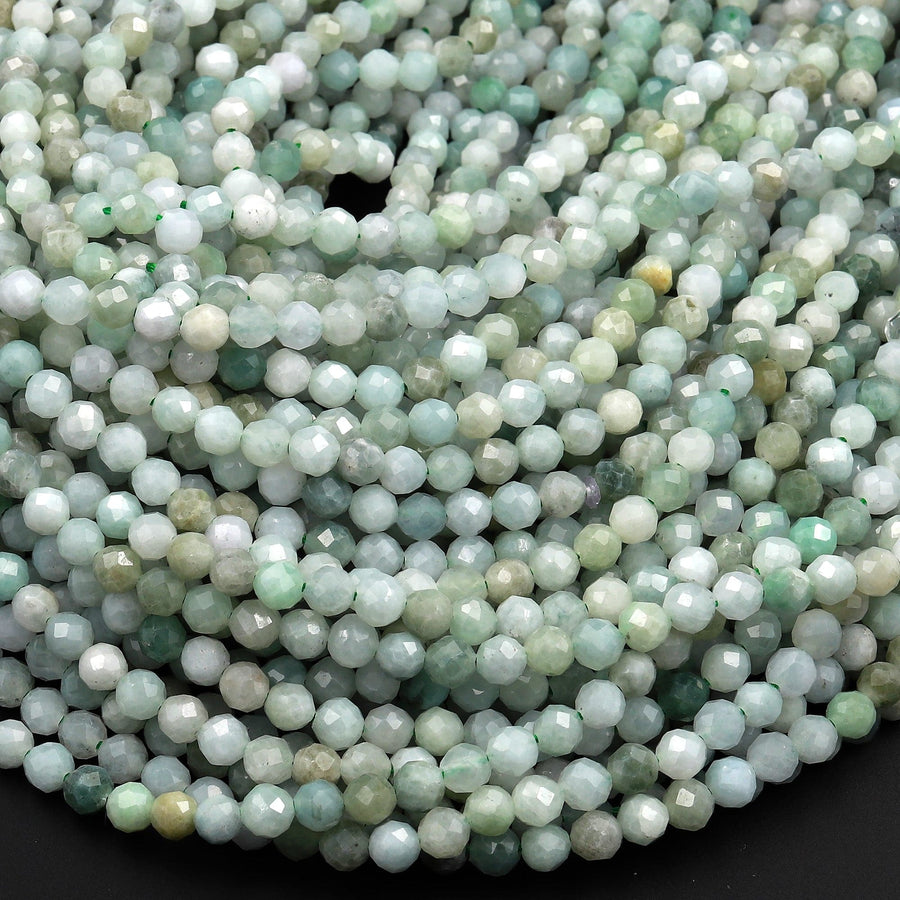 Faceted Natural Green Burmese Jade Burma Jade 4mm Round Beads Real Genuine Green Jade Gemstone 16" Strand