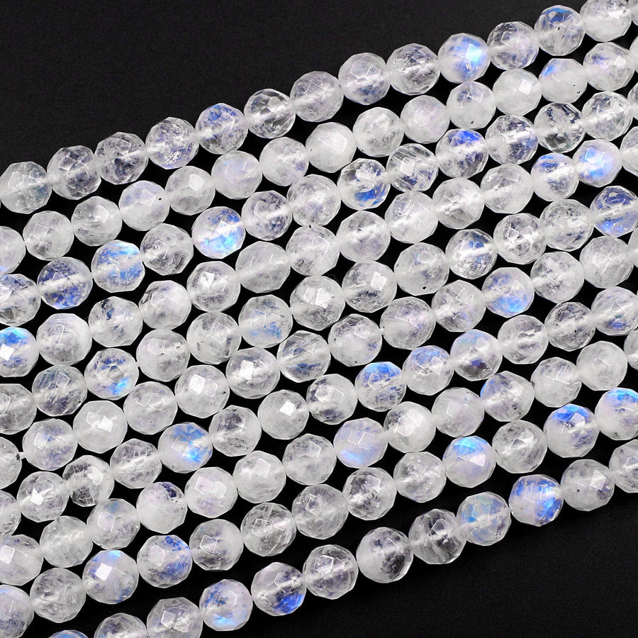 AA Faceted Natural Blue Rainbow Moonstone 6mm 8mm 10mm Blue Flash Round Beads Diamond Cut Large Facets 16" Strand