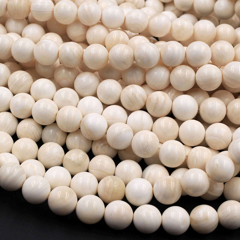Natural Tridacna Shell 6mm 8mm Round Beads Creamy Beige Tan 16" Strand