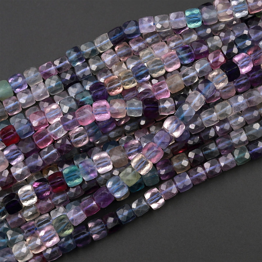 Natural Fluorite Faceted 6mm 7mm Cube Square Dice Beads Purple Green Pink Blue Gemstone 15.5" Strand