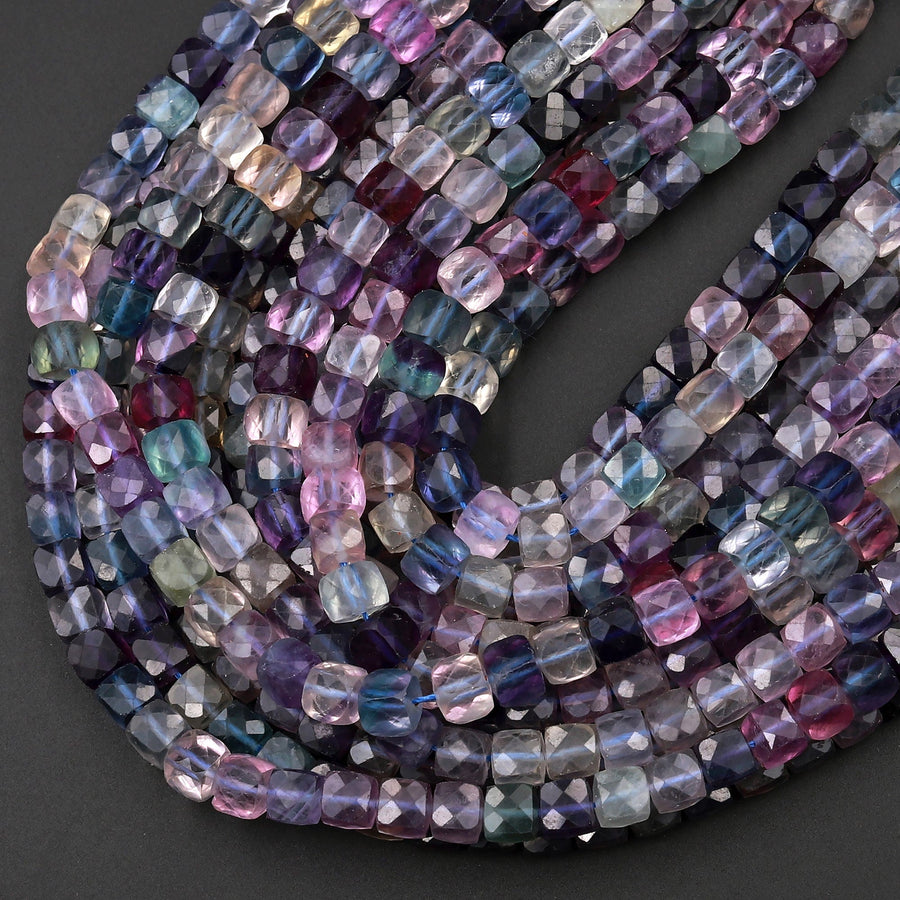 Natural Fluorite Faceted 6mm 7mm Cube Square Dice Beads Purple Green Pink Blue Gemstone 15.5" Strand