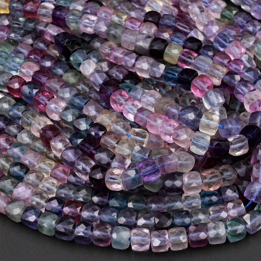 Natural Fluorite Faceted 6mm 7mm Cube Square Dice Beads Purple Green Pink Blue Gemstone 15.5" Strand