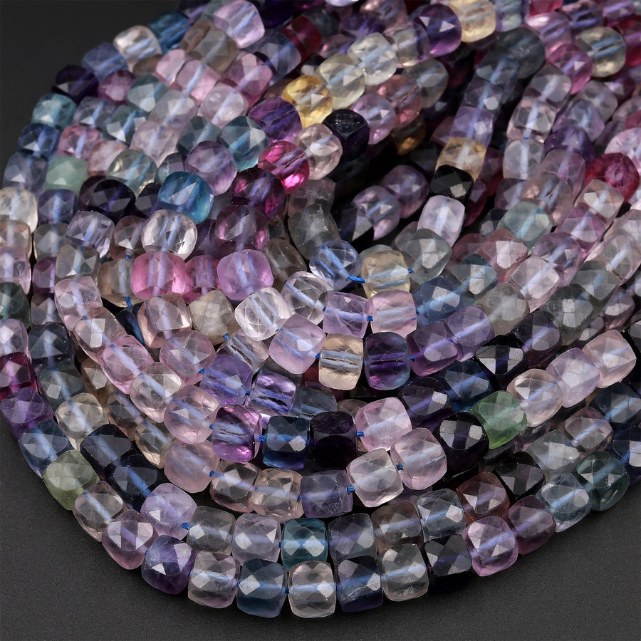 Natural Fluorite Faceted 6mm 7mm Cube Square Dice Beads Purple Green Pink Blue Gemstone 15.5" Strand