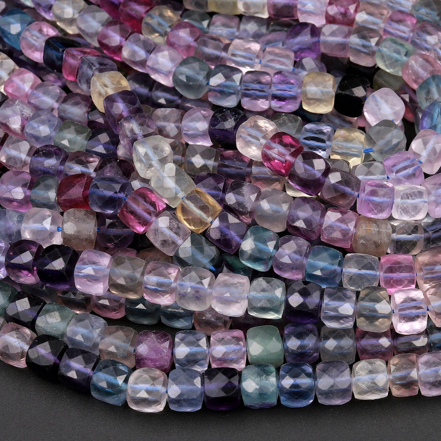 Natural Fluorite Faceted 6mm 7mm Cube Square Dice Beads Purple Green Pink Blue Gemstone 15.5" Strand