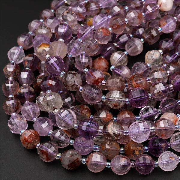 Super 7 Crystal Element Natural Phantom Amethyst Cacoxenite Round Beads 10mm 12mm Faceted Geometric Lantern Powerful Healing Stone 1.5" Strand