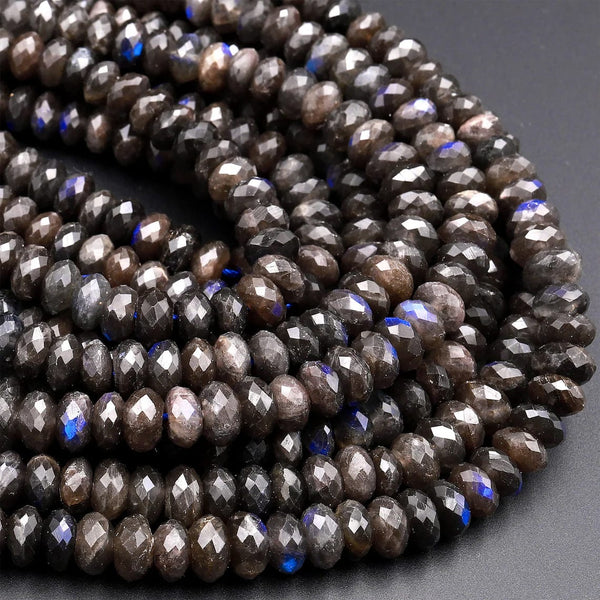 Rare Natural Black Labradorite Faceted Rondelle Beads 6mm 8mm 10mm Blue Flashes 15.5" Strand