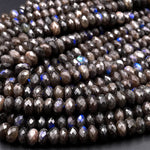 Rare Natural Black Labradorite Faceted Rondelle Beads 6mm 8mm 10mm Blue Flashes 15.5" Strand