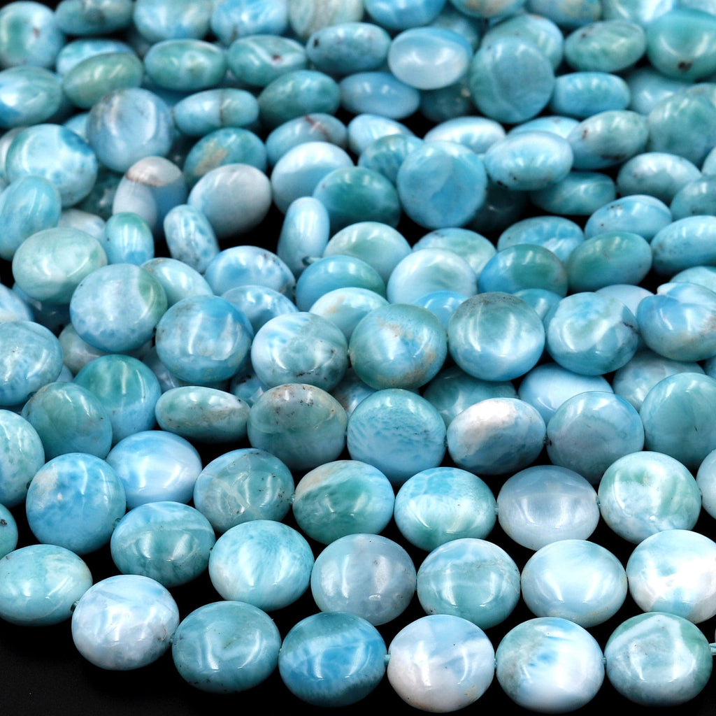 Natural Larimar Coin 10mm Beads Real Genuine Blue Larimar From Dominican Republic 15.5" Strand