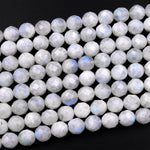Faceted Natural Blue Rainbow Moonstone 6mm 8mm 10mm Blue Flash Round Beads Diamond Cut Large Facets 16" Strand