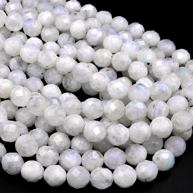 Faceted Natural Blue Rainbow Moonstone 6mm 8mm 10mm Blue Flash Round Beads Diamond Cut Large Facets 16" Strand
