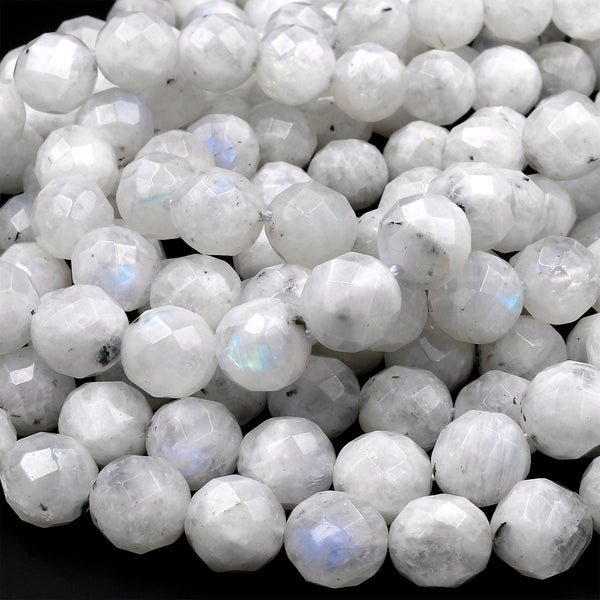 Faceted Natural Blue Rainbow Moonstone 6mm 8mm 10mm Blue Flash Round Beads Diamond Cut Large Facets 16" Strand