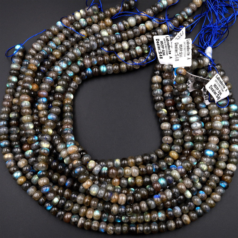 Natural Labradorite Smooth Rondelle Beads 6mm 8mm 10mm 12mm Brilliant Rainbow Blue Fire Flashes 15.5" Strand