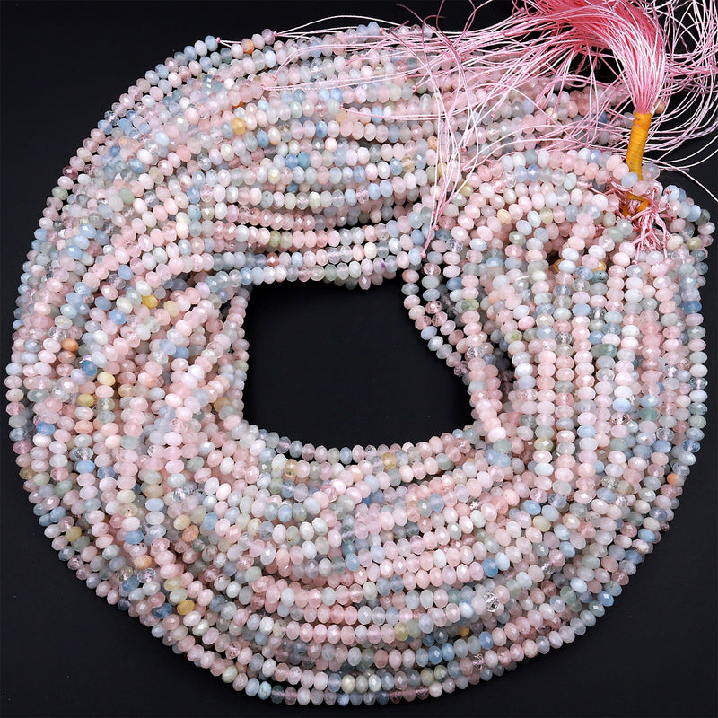 Micro Faceted Natural Blue Aquamarine Pink Morganite 4mm Rondelle Beads Laser Diamond Cut Real Beryl Gemstone 15.5" Strand