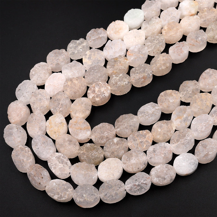 Natural Rock Crystal Quartz Druzy Raw Drusy Oval Beads 15.5" Strand