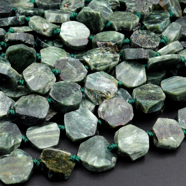 Natural Seraphinite Beads Hexagon Octagon Flat Thin Slice Nuggets Raw Real Genuine Russian Green Seraphinite Gemstone Beads 16" Strand