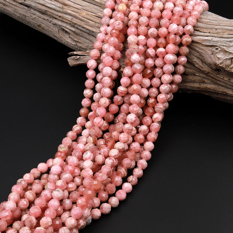 Natural Pink Rhodochrosite 4mm 6mm Faceted Round Beads Micro Laser Diamond Cut Genuine Red Pink Gemstone 16" Strand