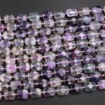 AAA Super Clear Natural Fluorite Faceted Rectangle Cushion Beads Sharp Facets Laser Diamond Cut Purple Green Blue Gemstone Beads 16" Strand