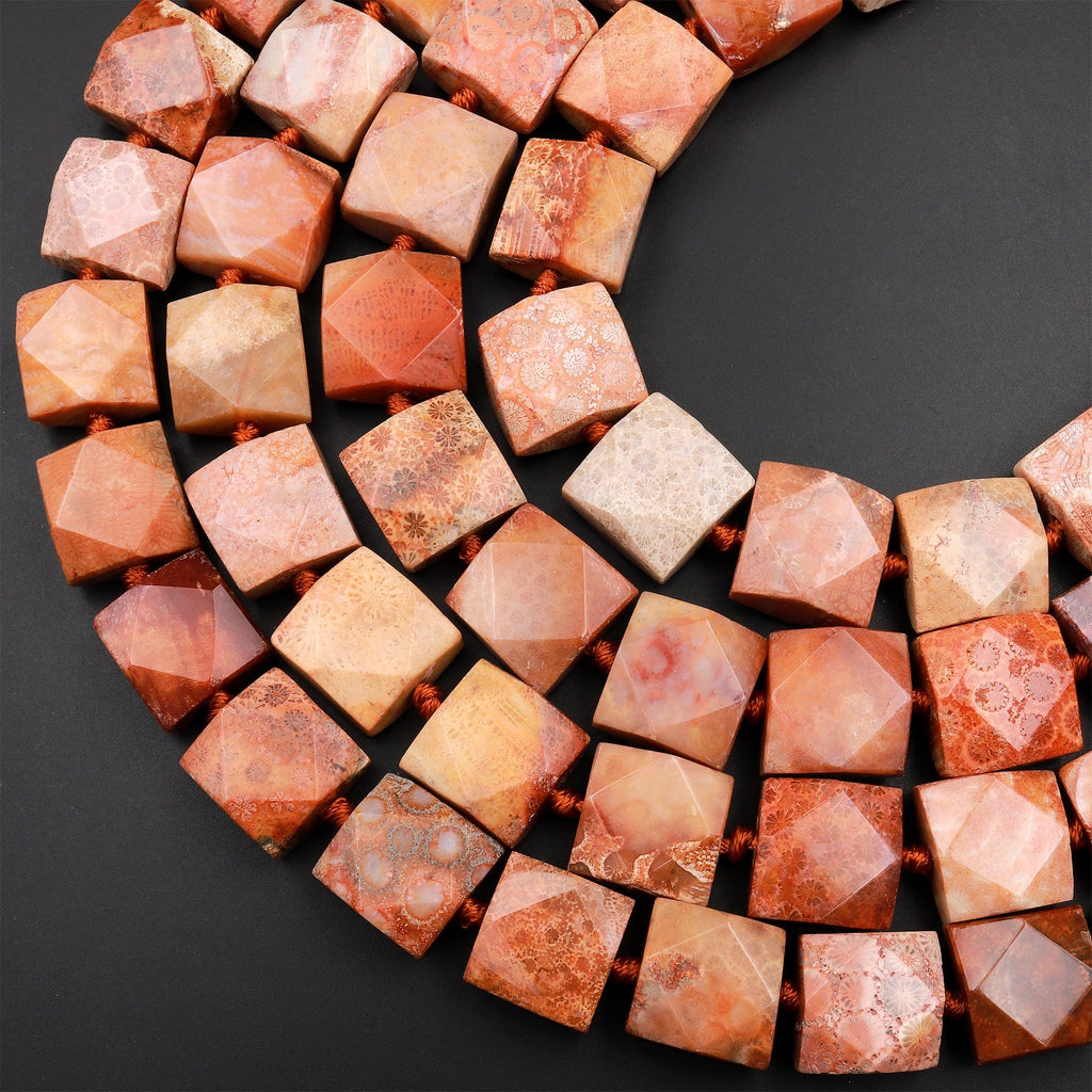 Large Faceted Natural Orange Red Indonesian Fossil Coral Beads Chunky Square Nugget Red Brown Tan Orange Beads 16" Strand