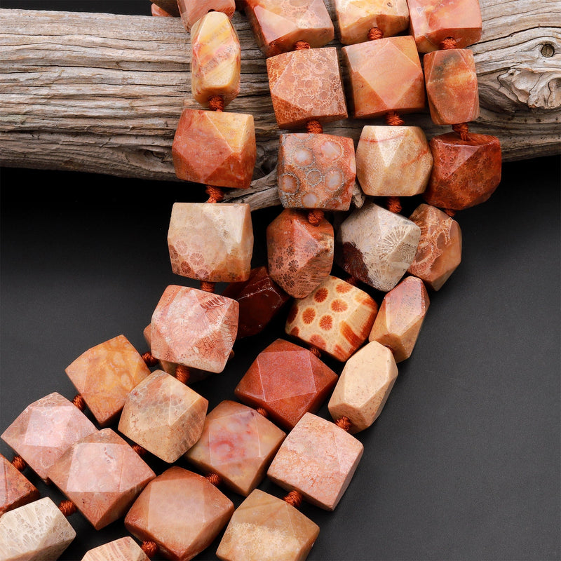 Large Faceted Natural Orange Red Indonesian Fossil Coral Beads Chunky Square Nugget Red Brown Tan Orange Beads 16" Strand