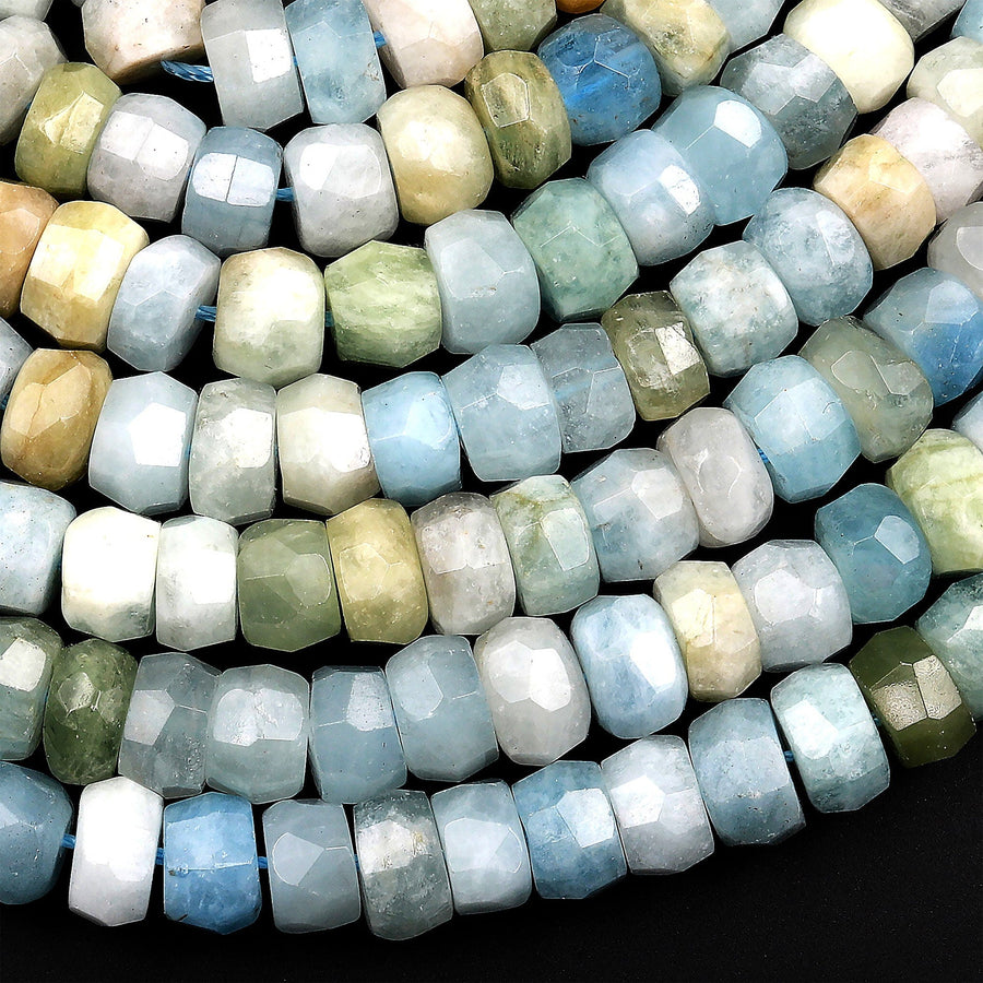 Large Natural Multicolor Aquamarine Faceted Rondelle Beads 9mm x 6mm Rondelle A Grade Blue Green Yellow Real Aquamarine Gemstone 16" Strand