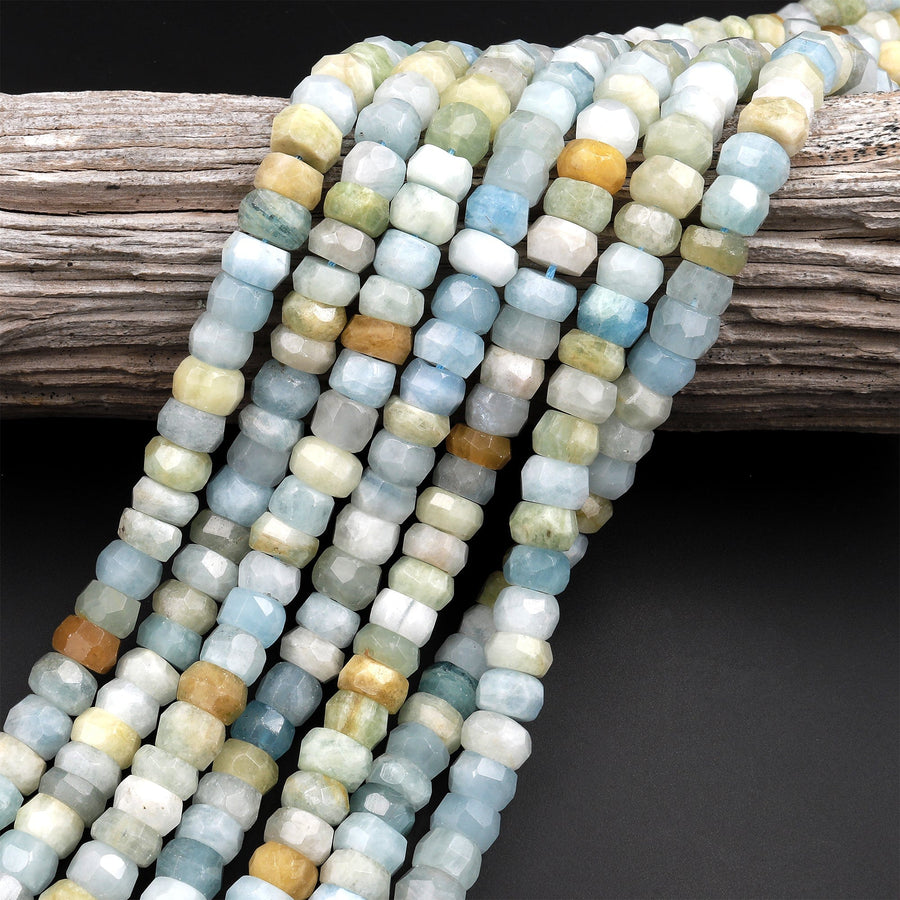 Large Natural Multicolor Aquamarine Faceted Rondelle Beads 9mm x 6mm Rondelle A Grade Blue Green Yellow Real Aquamarine Gemstone 16" Strand