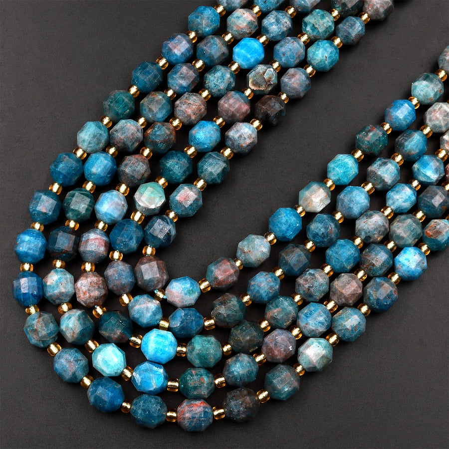 Natural Apatite 8mm 10mm Beads Faceted Energy Prism Double Terminated Points 15.5" Strand