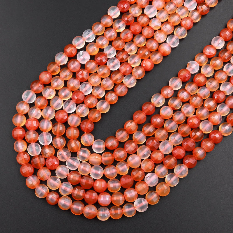 Natural Carnelian Faceted 6mm Coin Beads Fiery Orange Red Gemstone 15.5" Strand
