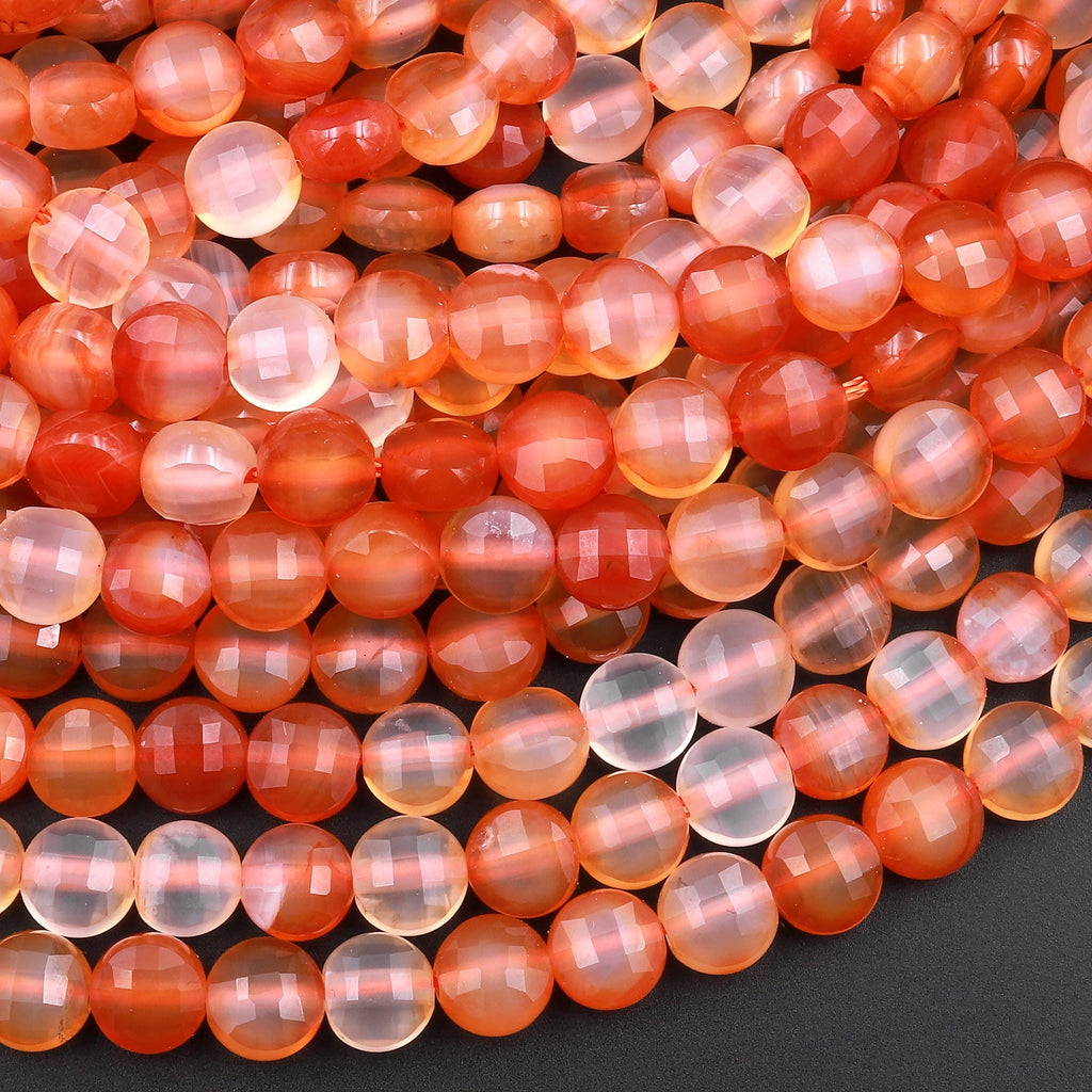 Natural Carnelian Faceted 6mm Coin Beads Fiery Orange Red Gemstone 15.5" Strand