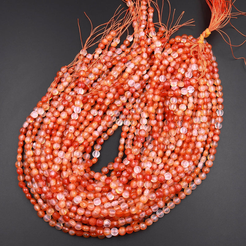 Natural Carnelian Faceted 6mm Coin Beads Fiery Orange Red Gemstone 15.5" Strand