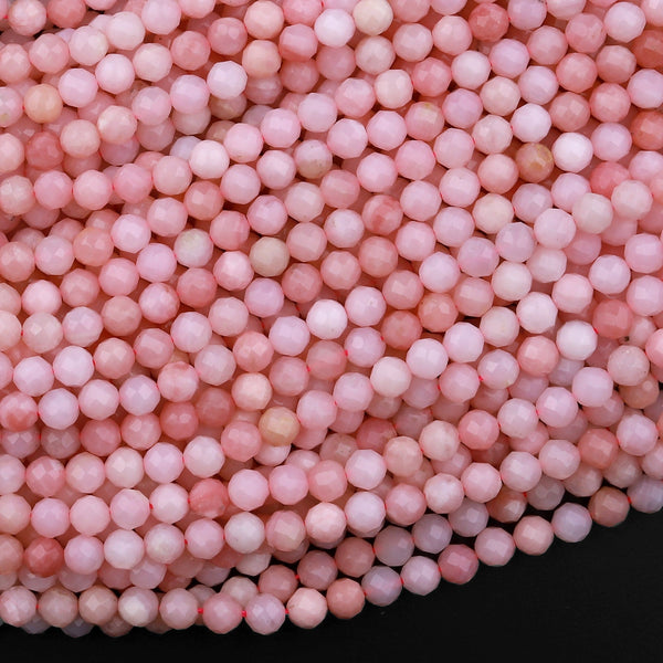 AAA Quality Micro Faceted Natural Peruvian Pink Opal 2mm 3mm 4mm 5mm 6mm 8mm Faceted Round Laser Diamond Cut Pink Gemstone 15.5" Strand