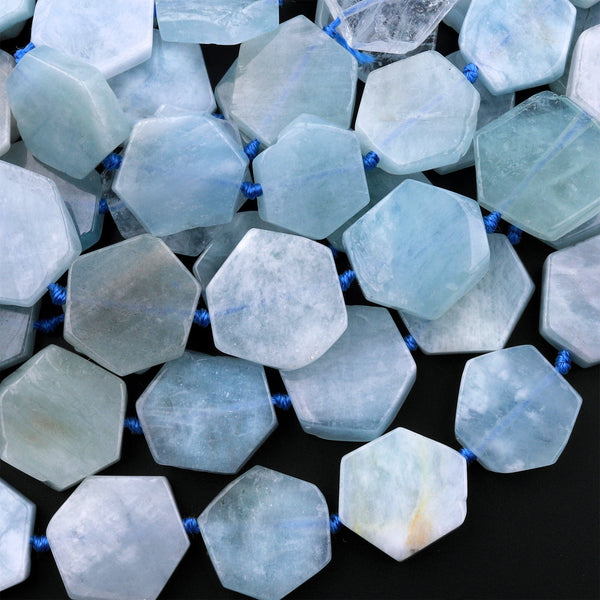 Natural Aquamarine Hexagon Beads Thin Flat Slab Cushion Nugget Slice Pendant Focal Beads 15.5" Strand