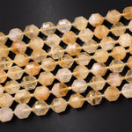 Natural Golden Citrine 10mm 12mm Round Beads Faceted Energy Prism Double Terminated Points 15.5" Strand