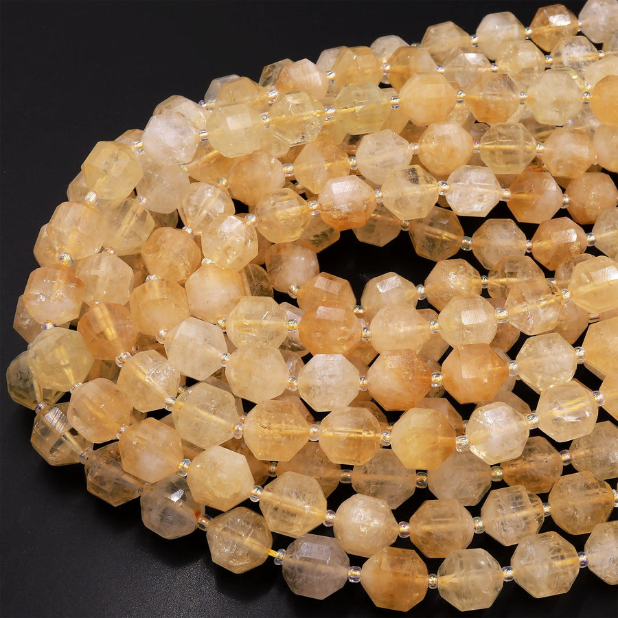 Natural Golden Citrine 10mm 12mm Round Beads Faceted Energy Prism Double Terminated Points 15.5" Strand