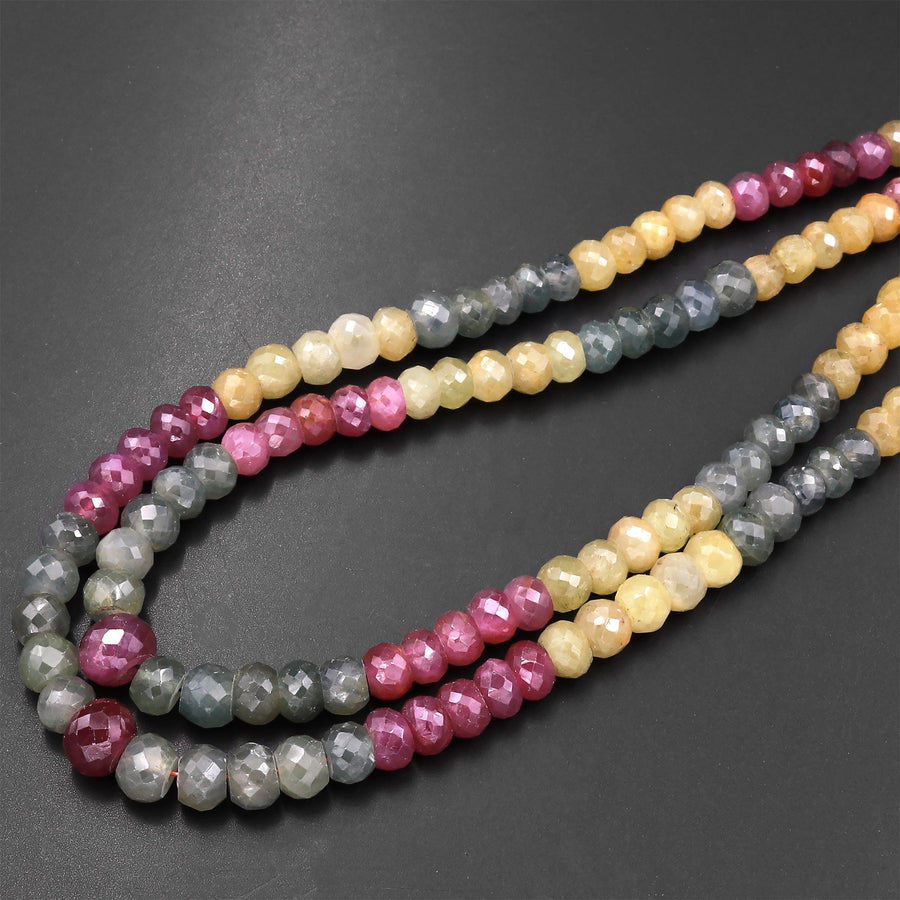 Faceted Natural MultiColor Pink Yellow Blue Sapphire Rondelle 5mm 6mm Gemstone Beads 15.5" Strand