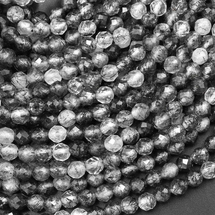 Faceted Natural Black Tourmaline Rutile Quartz 2mm 3mm 4mm Faceted Round Beads Micro Gemstone 15.5" Strand