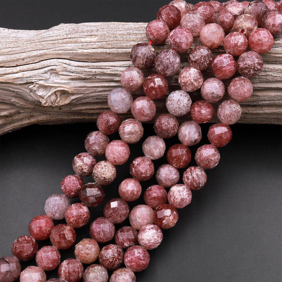 Natural Strawberry Quartz Faceted 8mm 10mm 12mm Round Beads Real Genuine Natural Pink Red Quartz Untreated Natural Real Gemstone Beads 15.5" Strand
