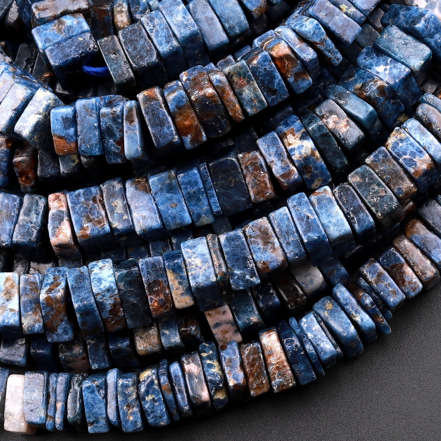 Natural Cobalt Blue Pegmatite W Orange  Muscovite Spinel Matrix Thin Square Heishi Disc Beads 6mm Gemstone 15.5" Strand
