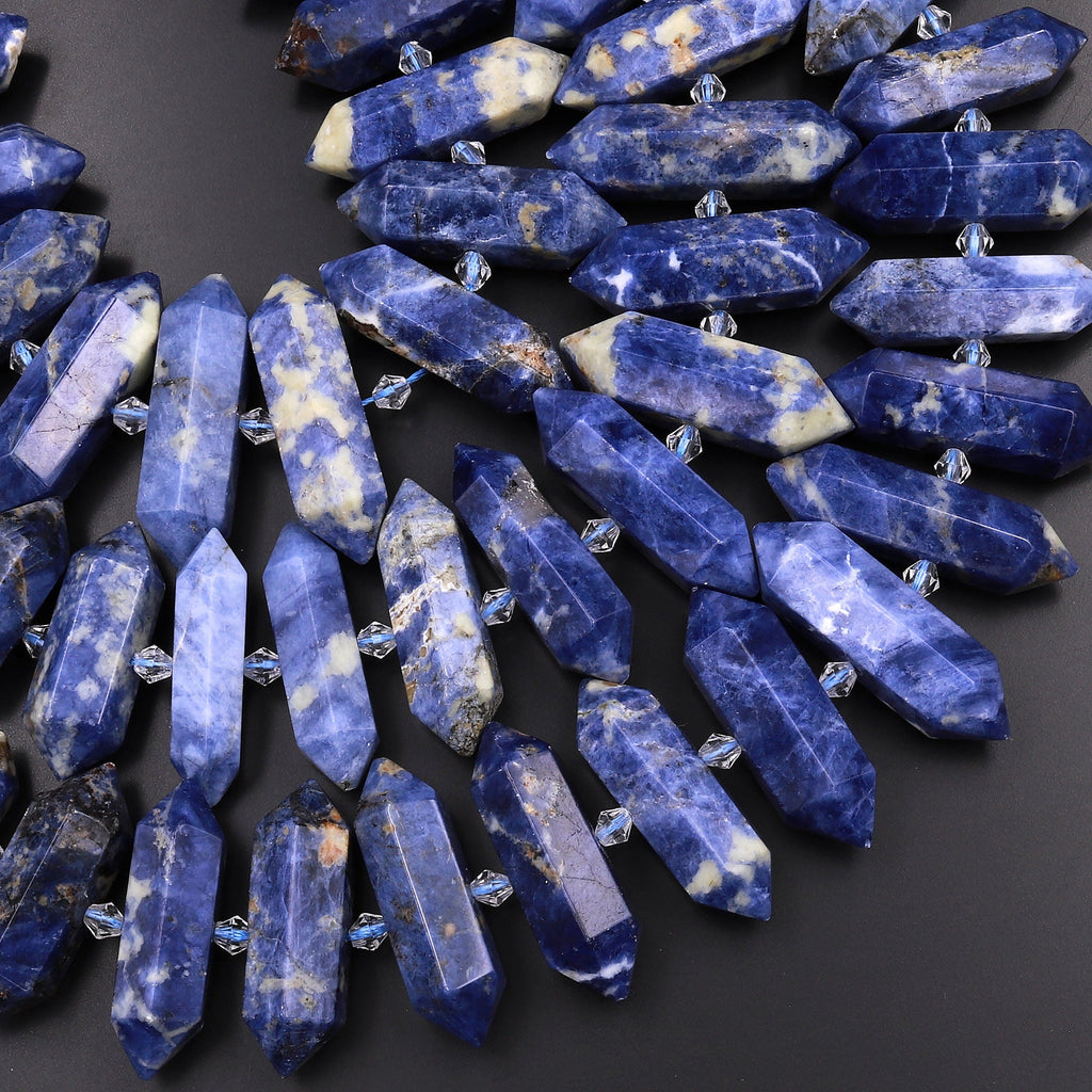 Large Natural Denim Blue Sodalite Beads Faceted Double Terminated Points Center Drilled Focal Pendants 15.5" Strand